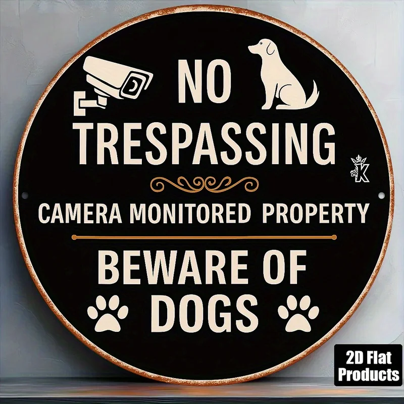 1pc 8-Inch Round French/English No Trespassing Sign - Heavy-Duty Aluminum Warning Plaque with & Dog Symbol, Paw Prints