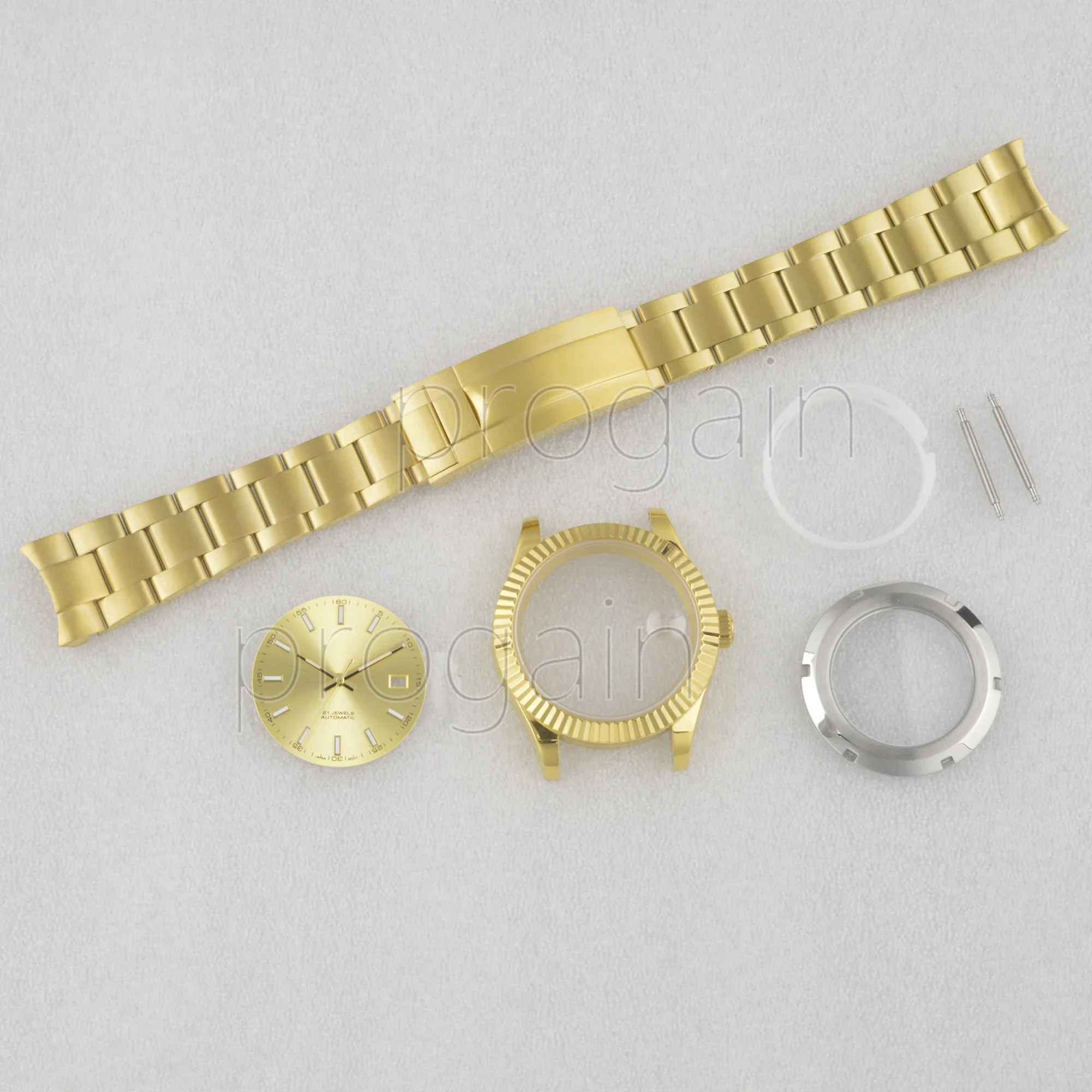 41mm Gold Stainless Steel watchcase Strap for Datejust Transparent cover Watch Dial Hands Sapphire Glass fit NH35 Movement parts