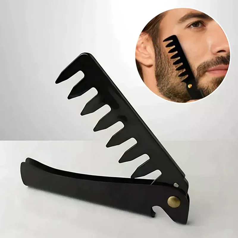 Black Portable Folding Steel Hair Combs For Men Wide Tooth Retro Oil Head Comb Pocket Beard Combs Barber Styling Tools