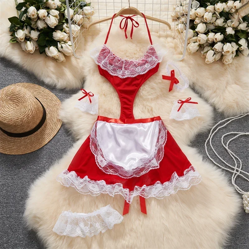 

new Sexy Lingerie Lace-up Top Cosplay Maid Uniform Bodysuit Set Mini Skirt Patchwork Lace Edge Backless Jumsuit Hollow Women