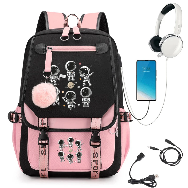 Astronaut Print School Bags para meninas e mulheres, USB Pink Backpack, Laptop Bag, Mochila, Estudante, Adolescentes