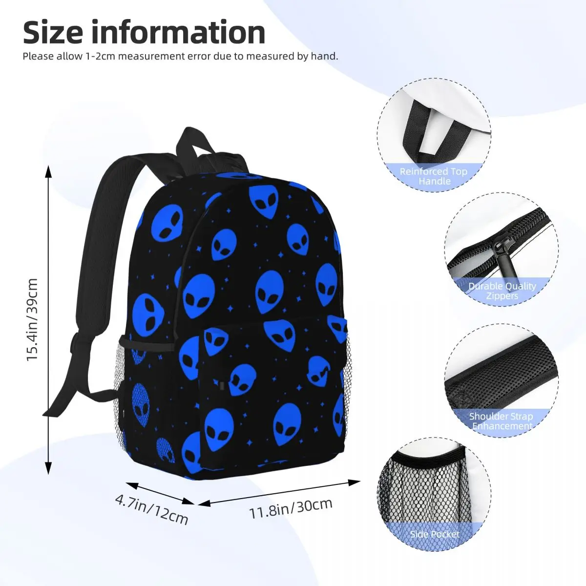 Mochila con patrón de Alien de Ciencia ficción Para hombres y mujeres, bolsa de libros para estudiantes universitarios, se adapta a bolsas para portátiles de 15 pulgadas, azul y negro