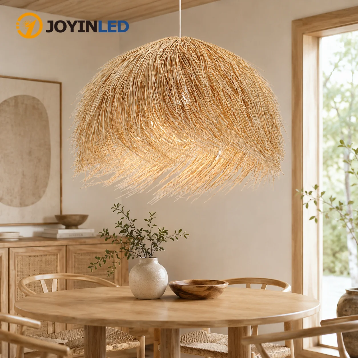 JOYINLED 50CM Beige Rattan Pendant Light Handwoven Wicker Hanging Lamp E27 Boho Chandelier for Dining Room Restaurant Bar Decor