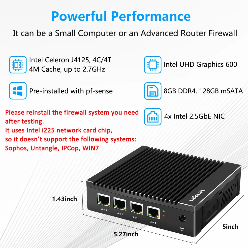 VNOPN Micro Firewall Appliance 2.5GbE Intel 4 порта N3700 четырехъядерный безвентиляторный мини ПК сетевой коробка маршрутизатора