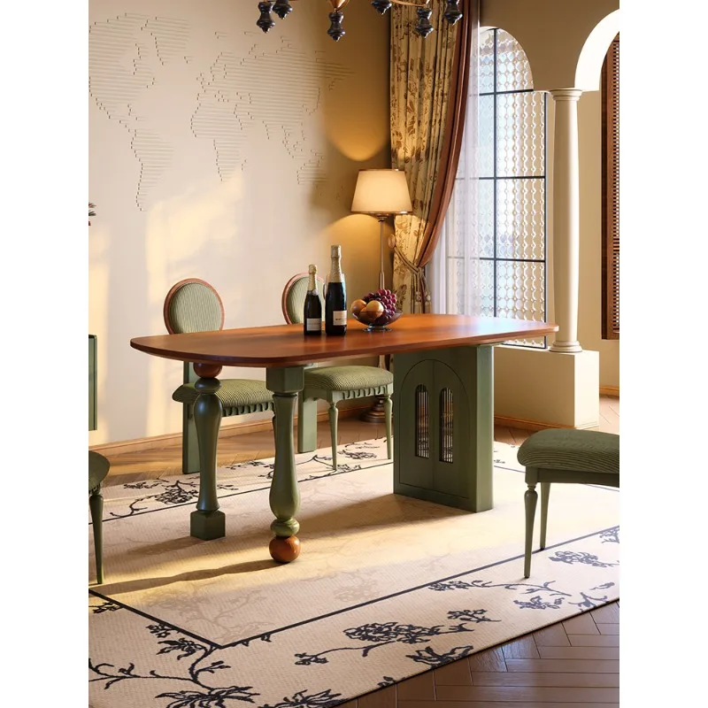 

French retro solid wood dining table small apartment ash wood high-end rectangular medium and ancient style storage dining table