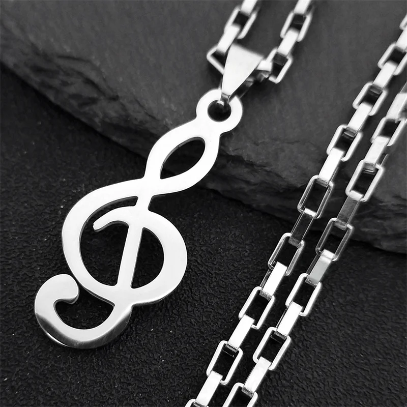 Music Note Stainless Steel Pendants Necklaces for Womne/Men Silver Color Punk Rock Musical Chain Boyfriend Gift Jewelry N1143S06