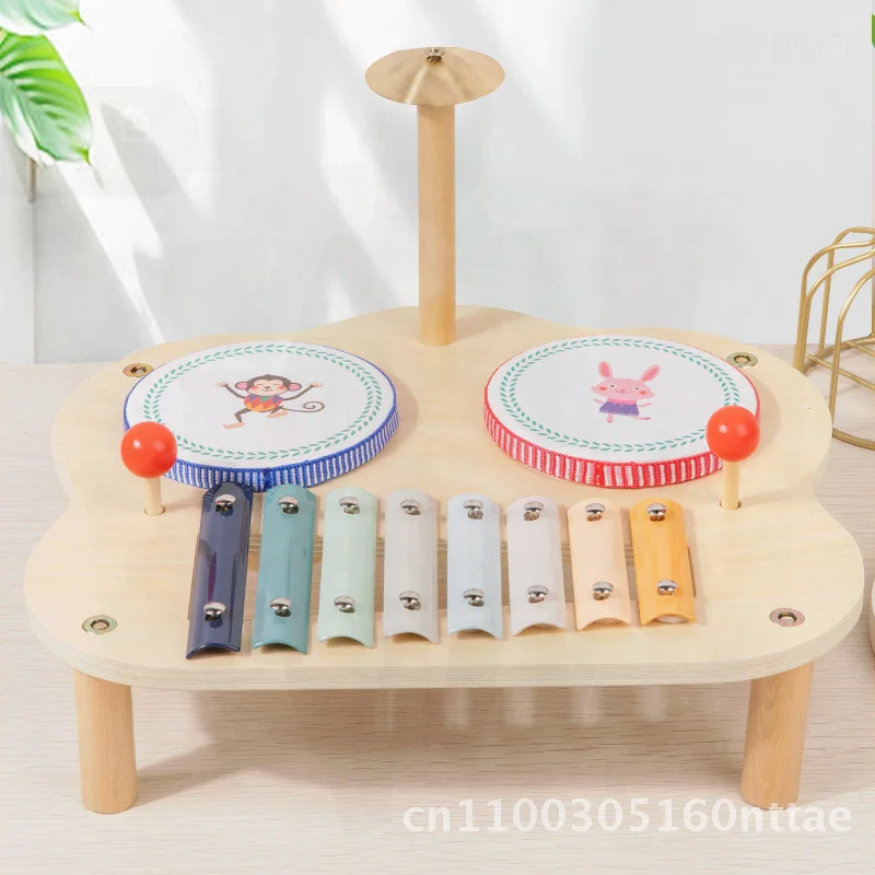Drewniany stół muzyczny Montessori dla dzieci, wielofunkcyjny, ósemioscienny bęben do uderzania, zabawka dla niemowląt w kolorowej pudełko.