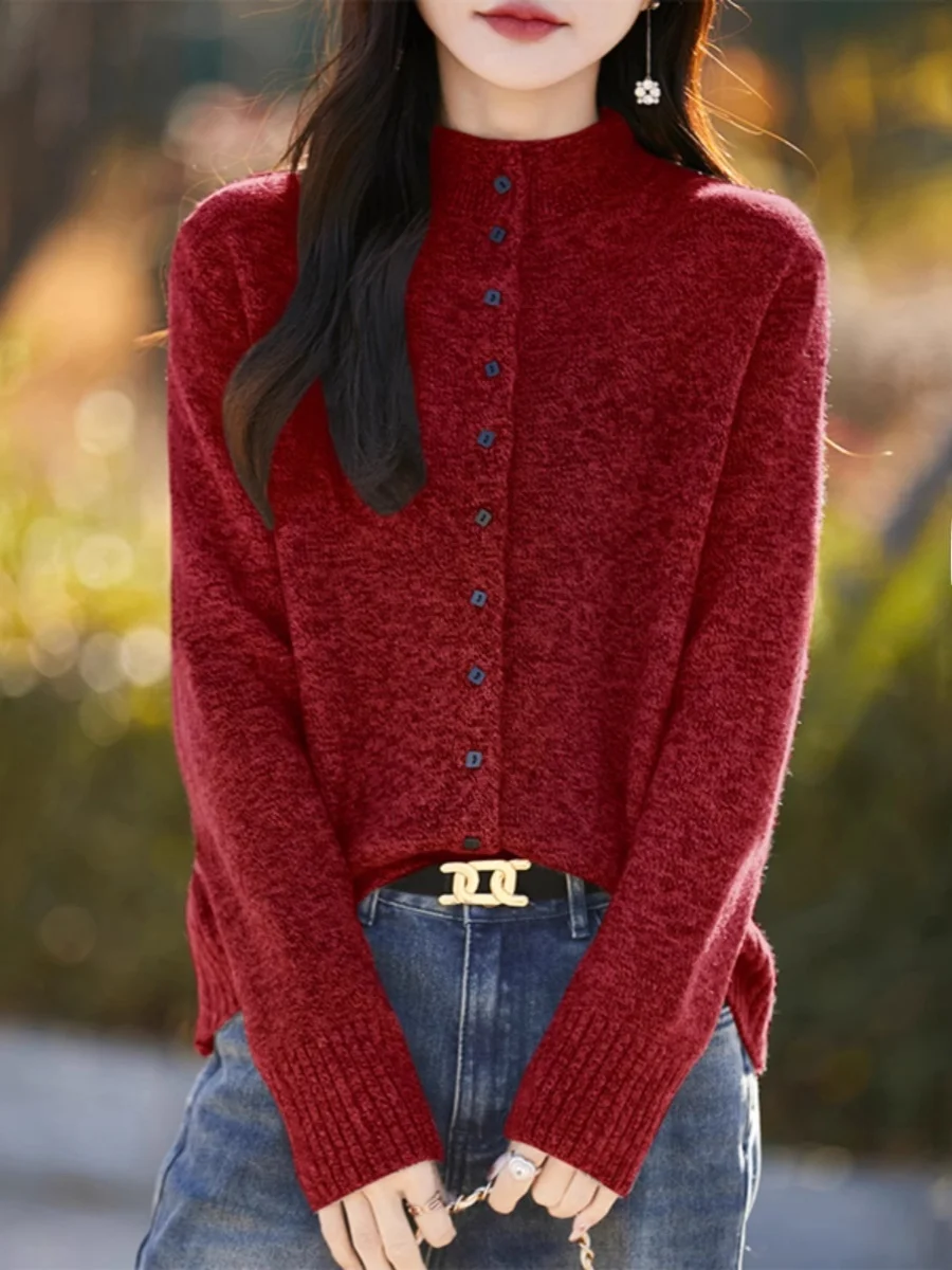 

Весенний женский вязаный свитер с цветочным узором, повседневный утепленный кардиган с высоким воротником, универсальный топ с длинными рукавами, коллекция Весна 2026