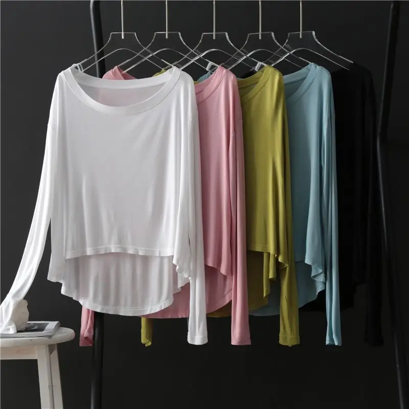 

Ventilation Thin Style Spring Simplicity Solid Color Long Sleeved Round Neck Tops Asymmetrical Loose Casual All-match T-shirt