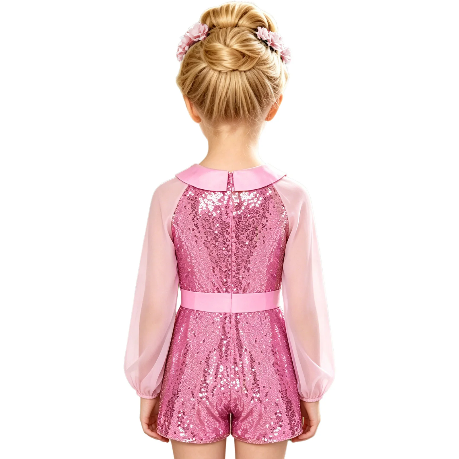 Kids Flower Girls Formal Rompers Chiffon Long Sleeve Sequin Jumpsuit with Flower Brooch Wedding Birthday Pageant Party Bodysuit