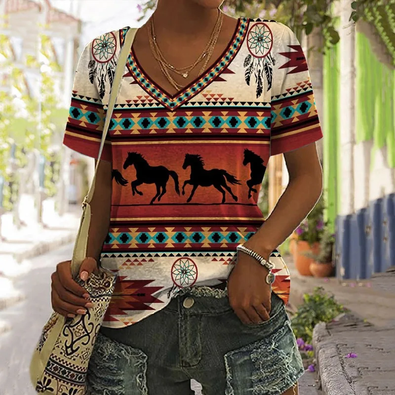 Western Ethnic Style 3D Print T-Shirts Women Fashion V-Neck Short Sleeve T Shirt Y2k Tops Tees Oversized Harajuku Woman Clothing