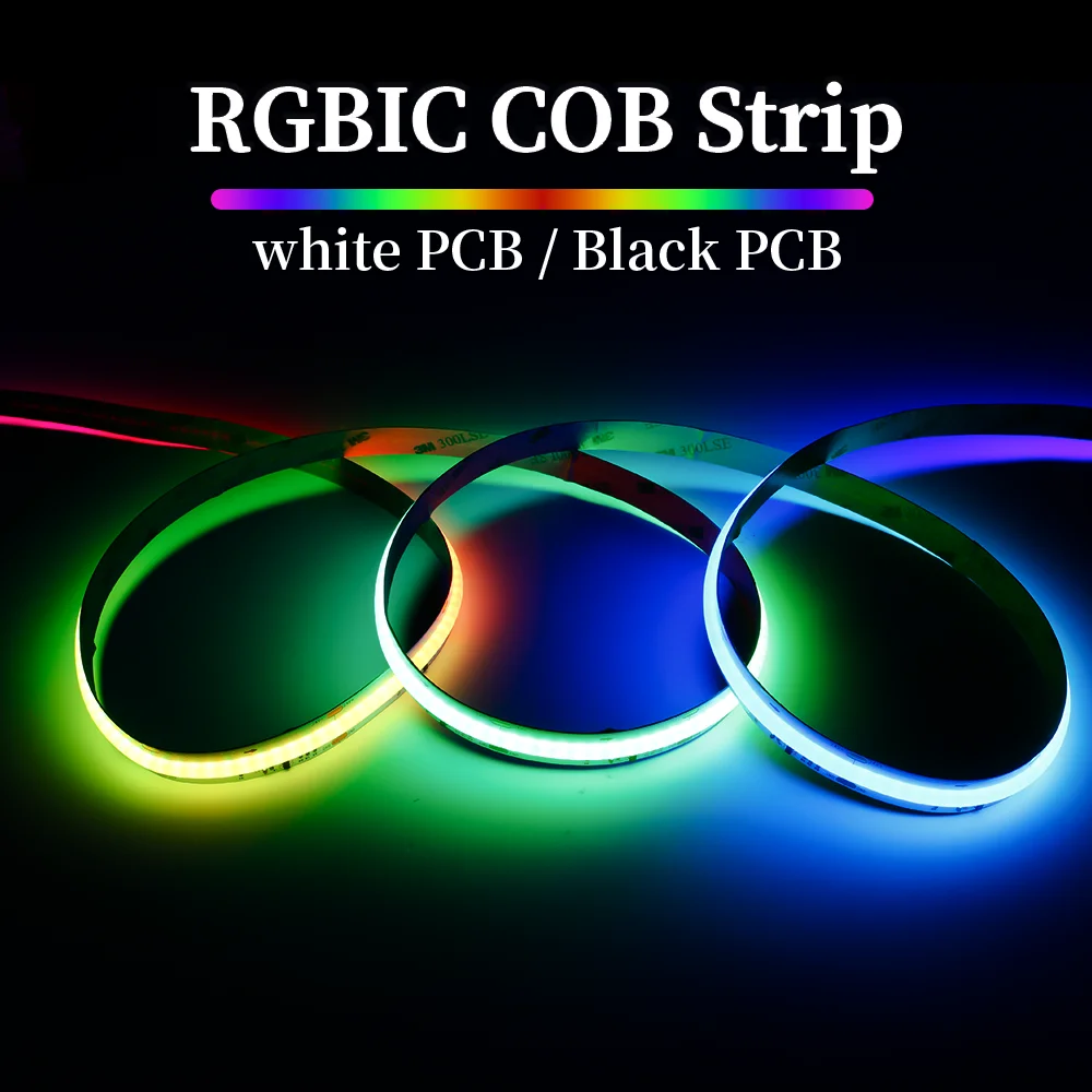 

High density COB SPI iridescent LED strip with addressable programming for smart home music rhythm decoration on black white PCB