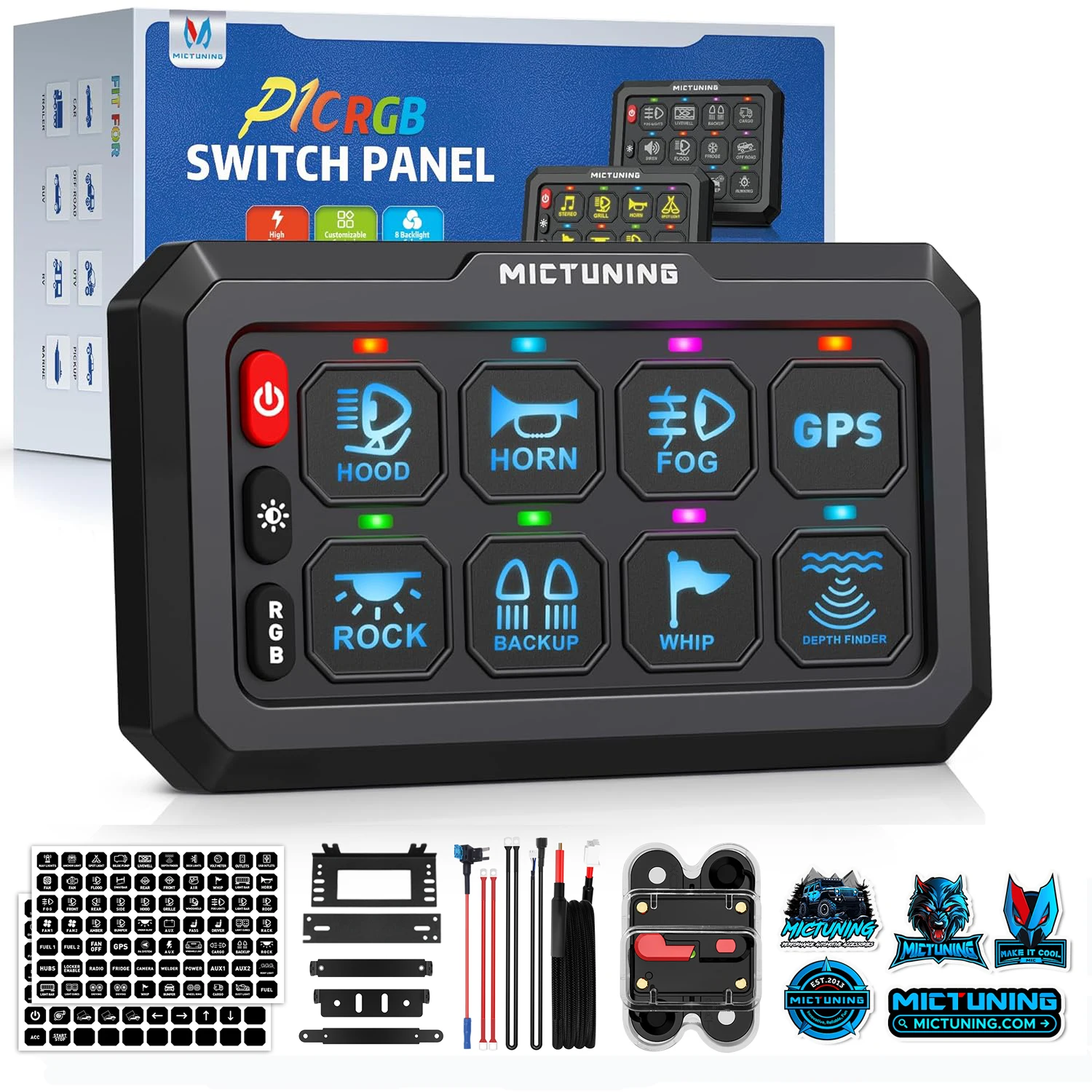MICTUNING P1C RGB 8 Gang Switch Panel,IP67 Waterproof LED Control Panel Box Electronic Relay System Switch Box Universal for Car