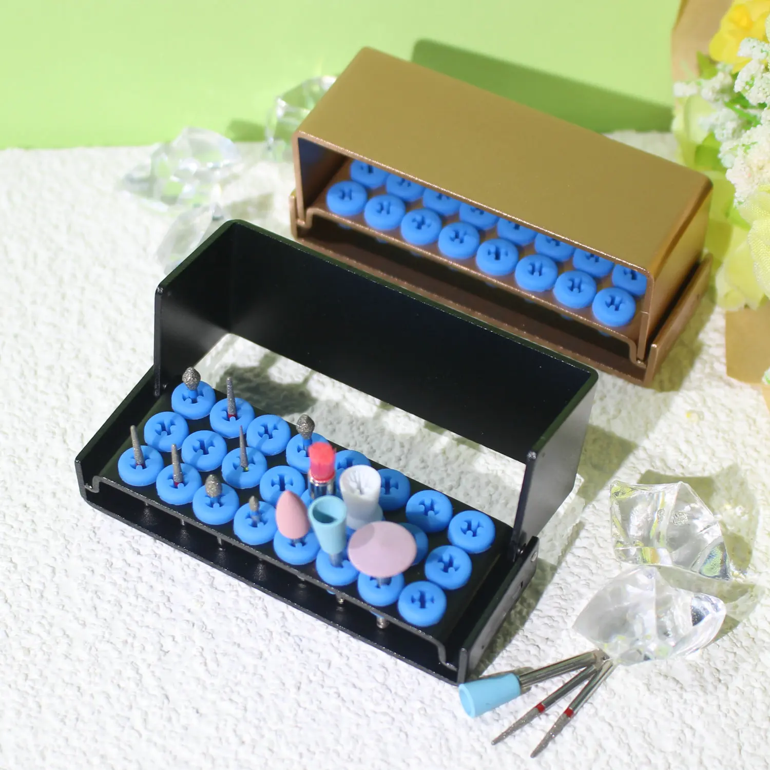 

24Holes Dental Bur Holder Box Aluminium Silicon Sterilizer Case Drills Dental Burs Holder Metal Box