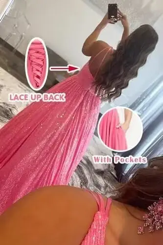 فستان أنيق للحفلات الراقصة بكتف واحد مزين بالترتر فستان رسمي متألق على شكل حرف a مع جيوب فستان سهرة طويل للنساء #2