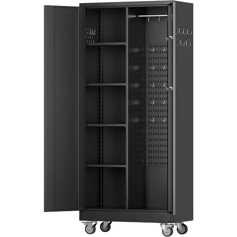 Metal Locker Garage Storage Cabinet with Wheels, Metal Storage Cabinet with Lockable Doors and 4 Adjustable Shelves