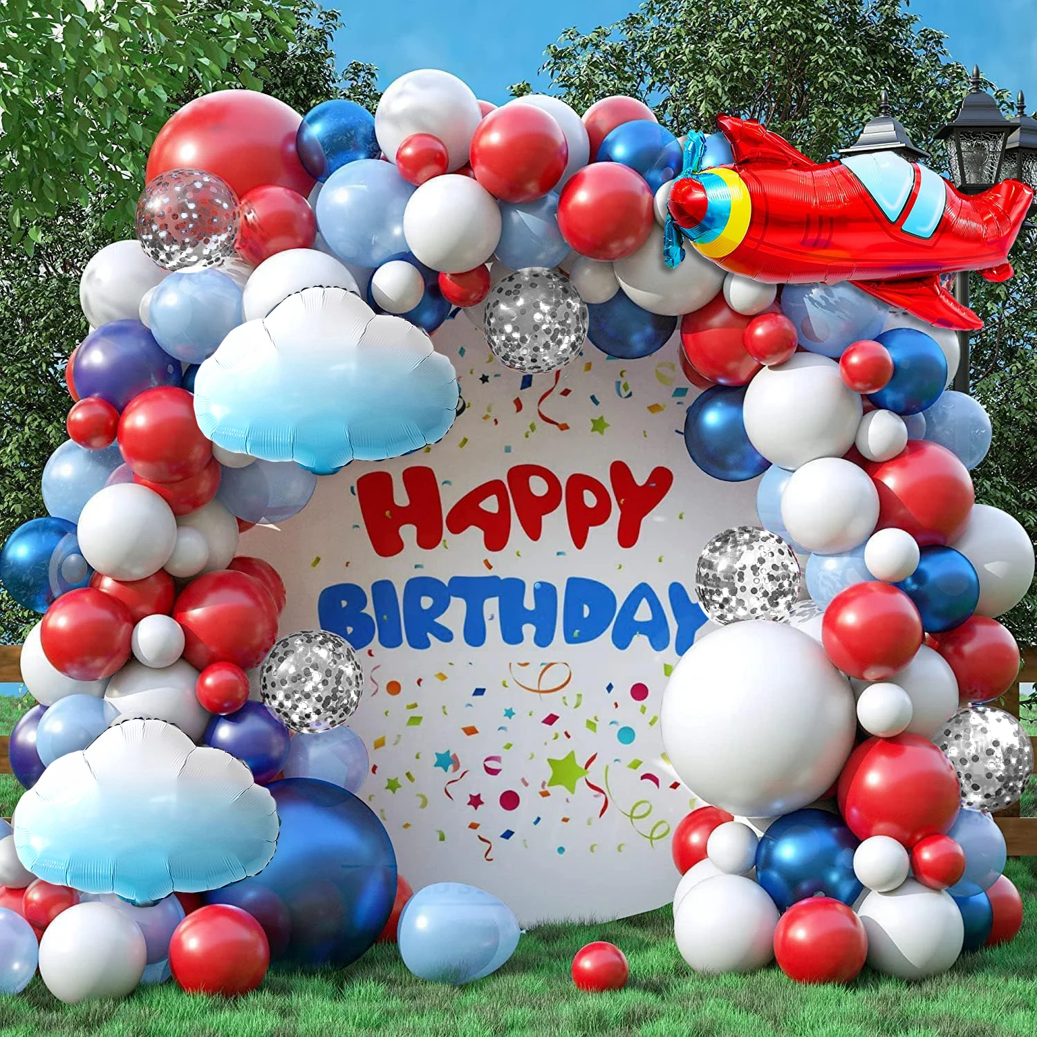 Rot-Weiß-Blau Ballonbogen-Set, 117 Teile, Blau-Weiß-Rote Ballons, Wolken-Flugzeug-Folienballon-Bogen-Kit, Wi