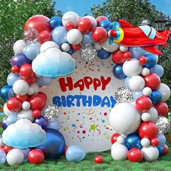 Red, White, and Blue Balloon Arch Set, 117 Pieces, Blue, Red, and White Balloons, White Cloud Airplane Foil Balloon Arch Kit, with Pearl Blue and Red, Blue Glitter Latex Balloons, Suitable for Blue Sky and White Clouds Sky-Themed Birthday Parties and Wedding Decorations