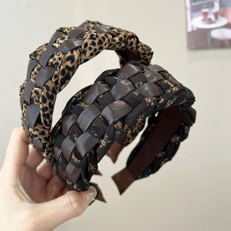 New Leopard Pattern Leather Weave Headband Autumn Winter Wide Hairbands Fried Dough Twists Hair Band Women Hair Accessories