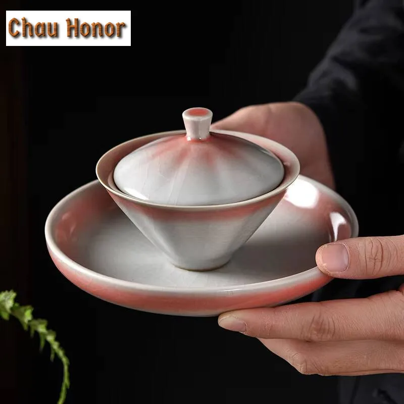 

100 мл Высококачественный Ru Kiln Cherry Powder Керамика Sancai Gaiwan Домашний чайный сервиз ручной работы для кунг-фу Чайная церемония Посуда для напитков Подарки на день рождения