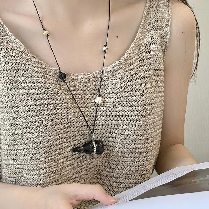 

Minar Creative Natural Wood Beads Imitation Pearl Bottle Gourd Pendant Necklaces for Women Mujer Long Adjustable Sweater Chain