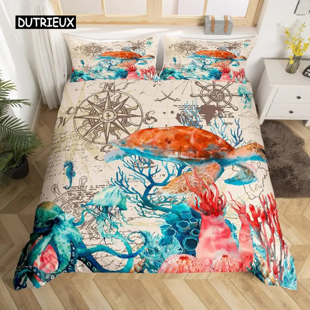 

3D Octopus Sea Turtle Duvet Cover Retro Sailboat Crab Reptile Bedding Set Marine Mediterranean Style Jellyfish Comforter Cover