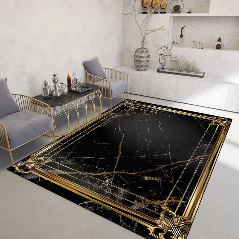 Light Luxury Black Gold Rugs for Living Room Marble Style Decoration Coffee Tables Carpet Non-slip Bedroom Soft Mats Washable 러그