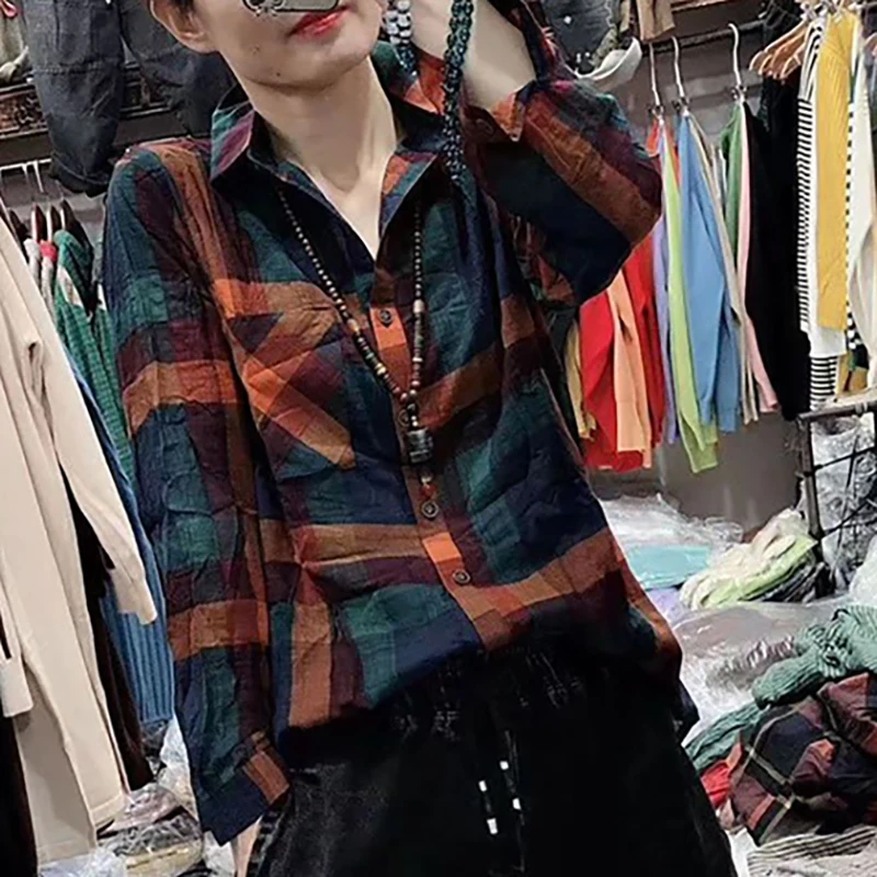 Vintage impresso lapela botão bolsos camisas xadrez roupas femininas 2025 primavera outono novo solto casual topos blusas all-match