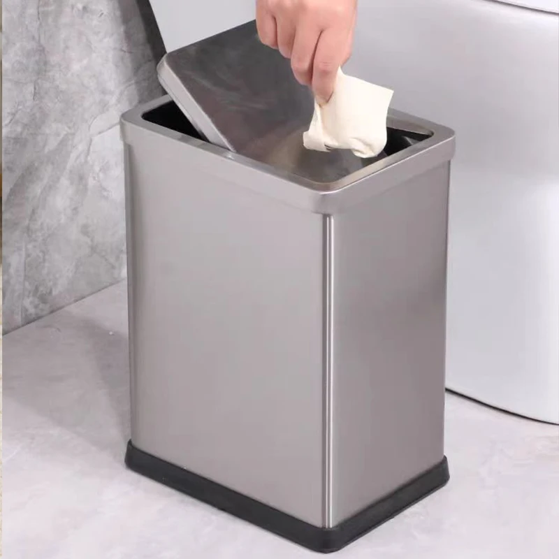 

10L/2.6Gal square stainless steel light luxury leather swing lid trash bin for bathroom，Fireproof trash can