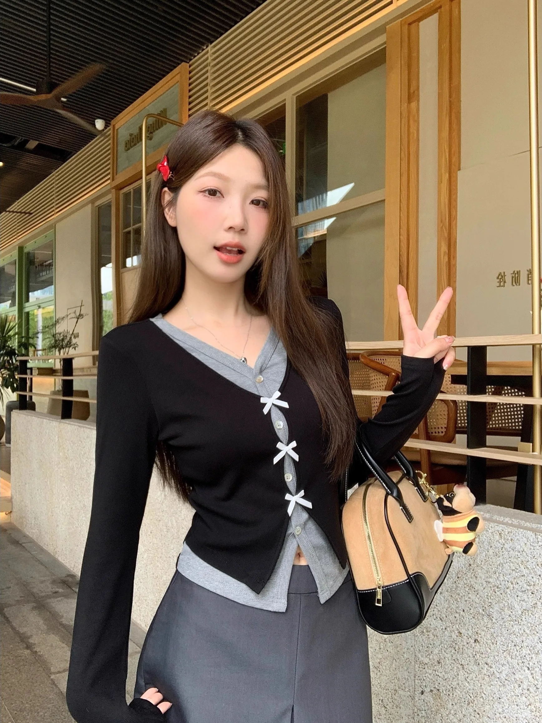 

Korean Sle Sweet And Spicy Girl Long Sve T-irt Women's Autumn Winter Inner Wear Fake Two-Piece Slimming ort Base irt