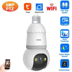 Tuya 5MP Wifi PTZ Light Bulb Security Camera Auto Tracking Home Smart Life Wireless CCTV Surveillance Camera Color Night Vision