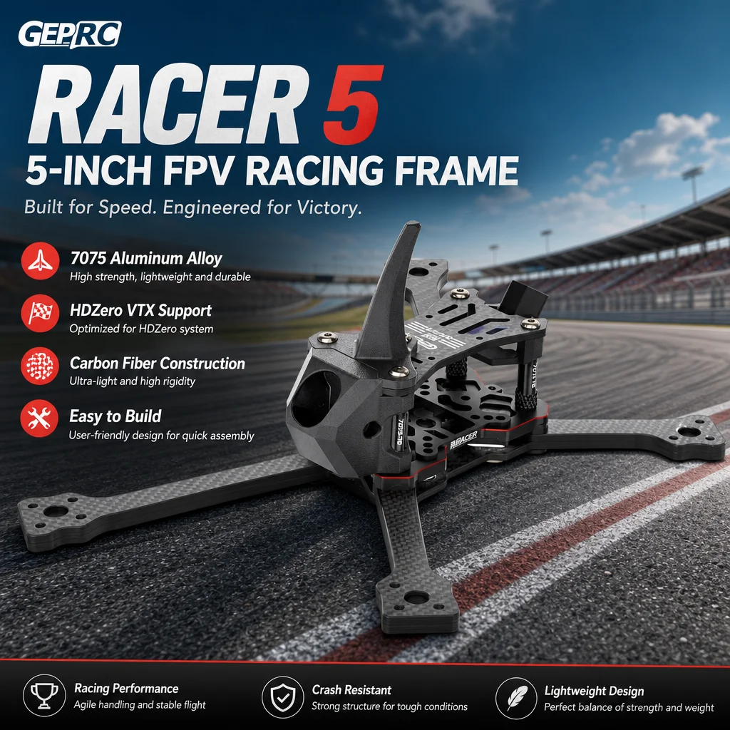 GEPRC Racer 5 Inch Racing Frame – FPV Drone Kit with HDZero VTX Support (7075 Aluminum, Carbon Fiber)