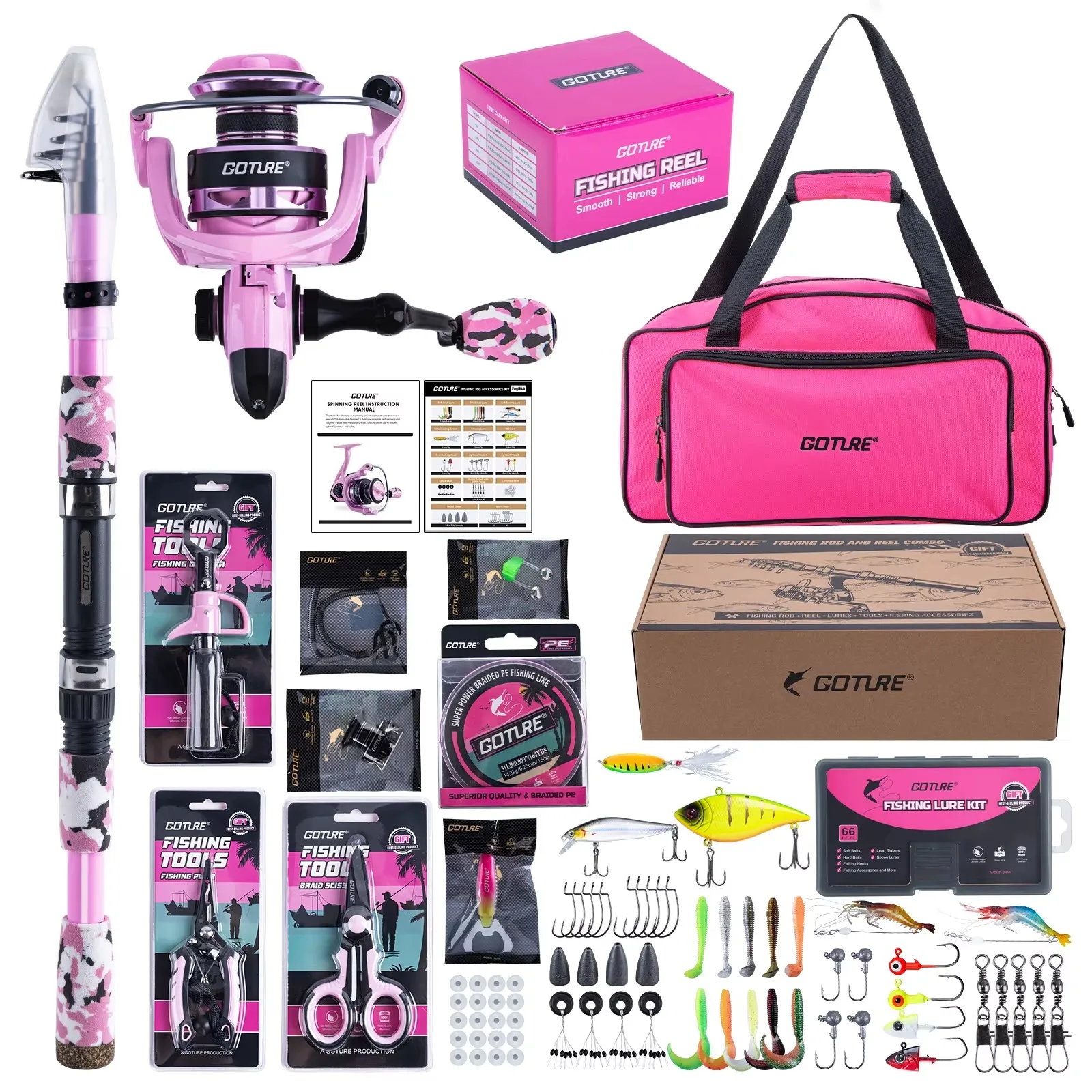 goture-set-canna-da-pesca-e-mulinello-rosa-kit-completo-canna-telescopica-mulinello-spinning-66-esche-borsa-porta-attrezzatura-accessori-da-pesca