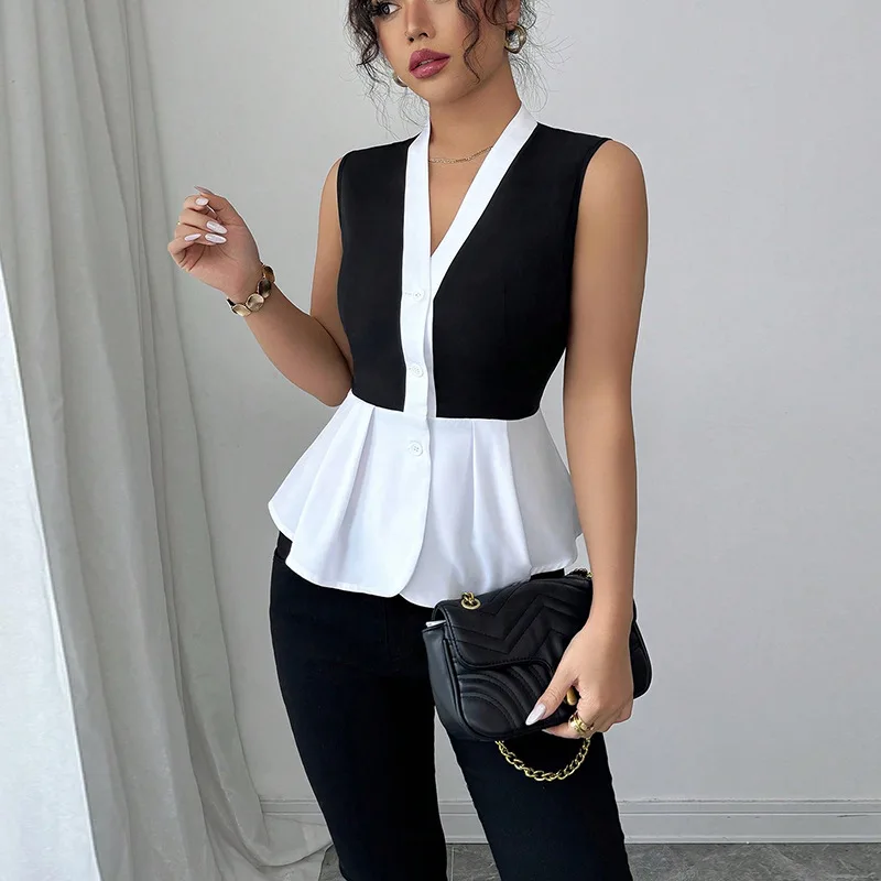 

Sleeveless Shirt 2025 Summer New European and American Commuting Style Fake Two-Piece Cardigan Blouse Women's Wear