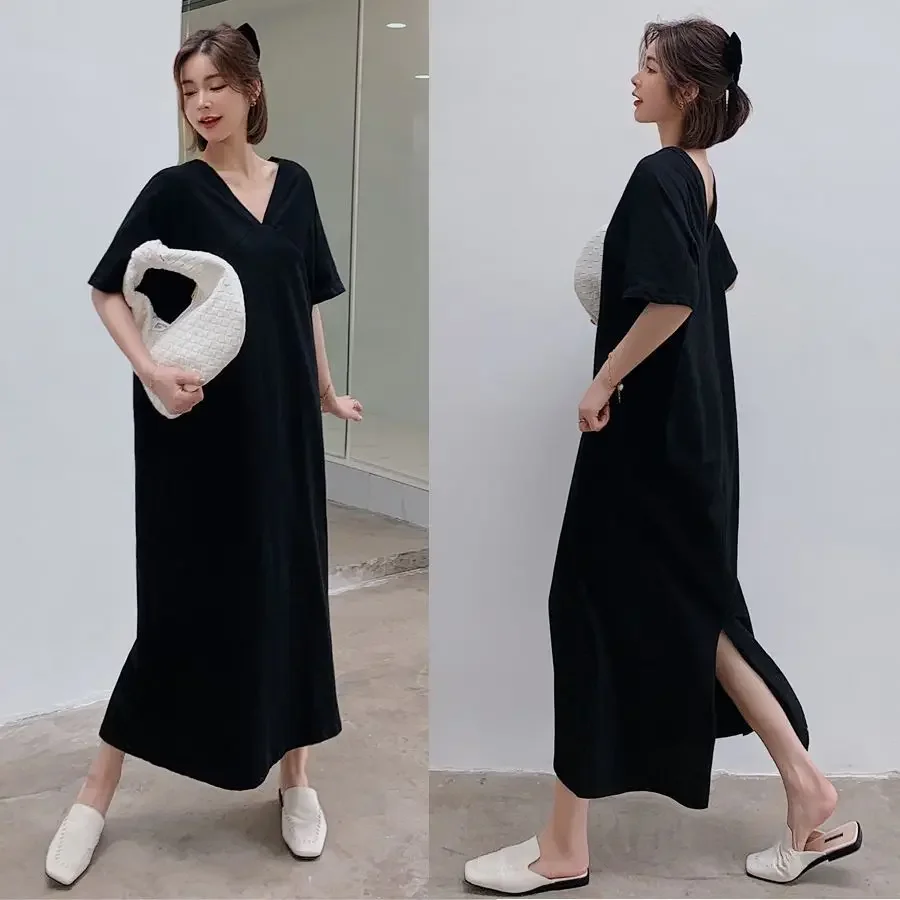 ロングドレス レディース 夏新作 長袖 韓国風 ゆったり 膝丈 半袖 Tシャツワンピース