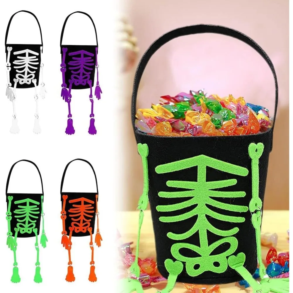 Halloween-Eimer aus Filz, Süßigkeiten-Eimer, Süßes oder Saures, Totenkopf-Aufdruck, gruselige Kekse, Geschenk-Eimer, Partybevorzugung für Kinder, Halloween-Avendparty