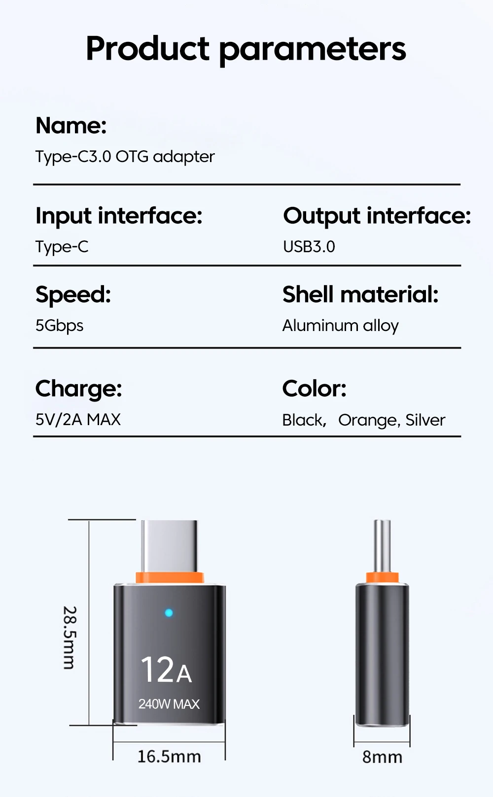 12A USB 3.0 To Type C Adapter LED OTG USB C Male to USB A Female Connector For iPhone 15 Tablet Notebook Android Phones Adapter