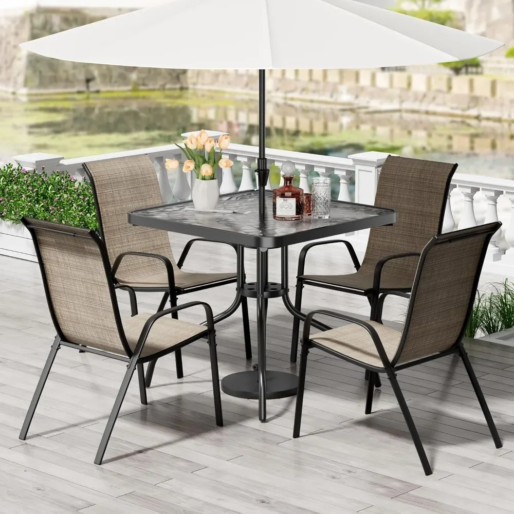 

Patio Dining Set 5 Pieces, 30" x 30" Table & 4 Stackable Textilene Chairs – All-Weather Outdoor Furniture