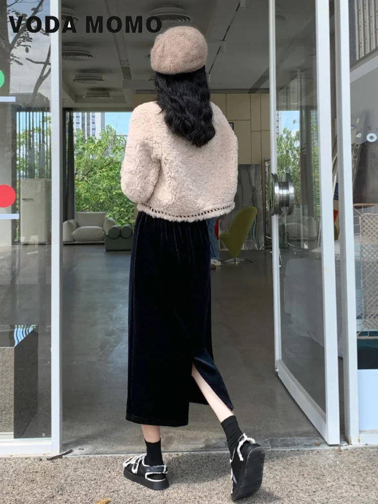 Velvet Half Length Skirt For Women'S Winter New Plush Elastic Wrap Buttocks High Waist Mid Length Fishtail Skirt Solid Versatile