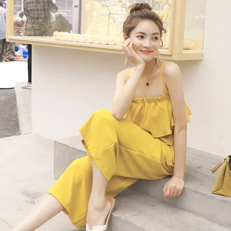 Women's Suspender Jumpsuit 2026 Summer New Korean Style Loose High Waist Slim Fit Nine Inch Wide Leg Pants