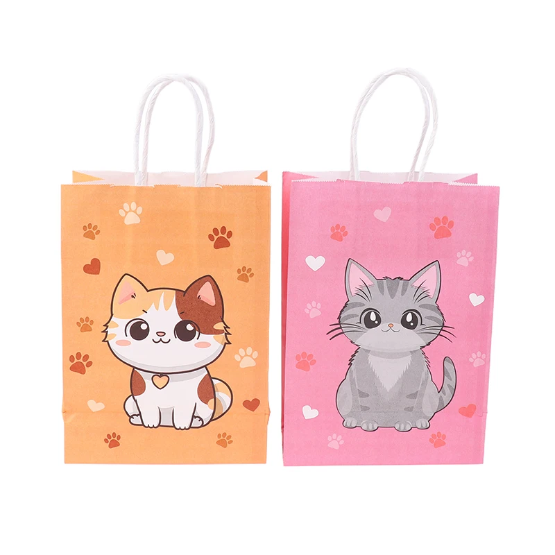 6PCS Colorful Cartoon Cat Paw Print Paper Candy Bags Gift Bags With Handles For Pet Theme Kid Birthday Party Decorations Favors