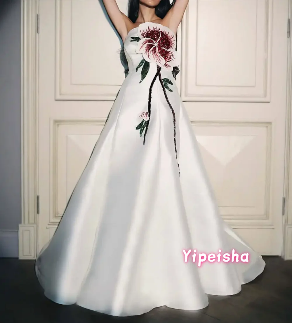 

Customized A-line Rhinestone Beads Mother of the Bride Dresses Strapless Zipper Floor Length Satin Women Wedding Guest Gowns