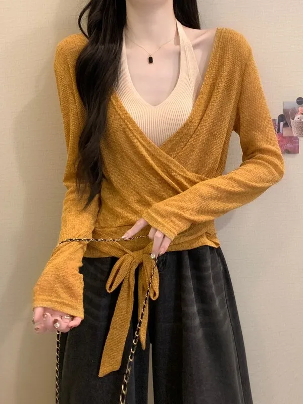 

Оранжевый вязаный свитер женский, весна-осень, уникальный, красивый, из серии Miu, хлопковый, с длинным рукавом, V-образный вырез, футболка