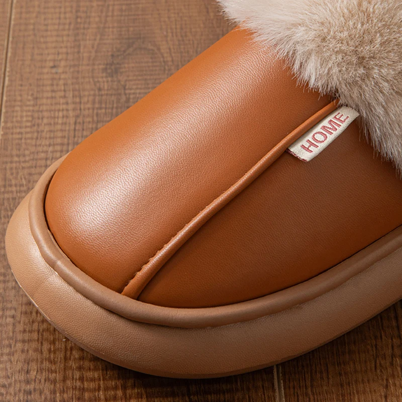 Markendesign PU-Leder Plüsch Winterhausschuhe Damen 2026 Warme Flauschige Pelz Wasserdichte Hausschuhe Damen Weiche Sohle Plateau-Slides – Detail 6