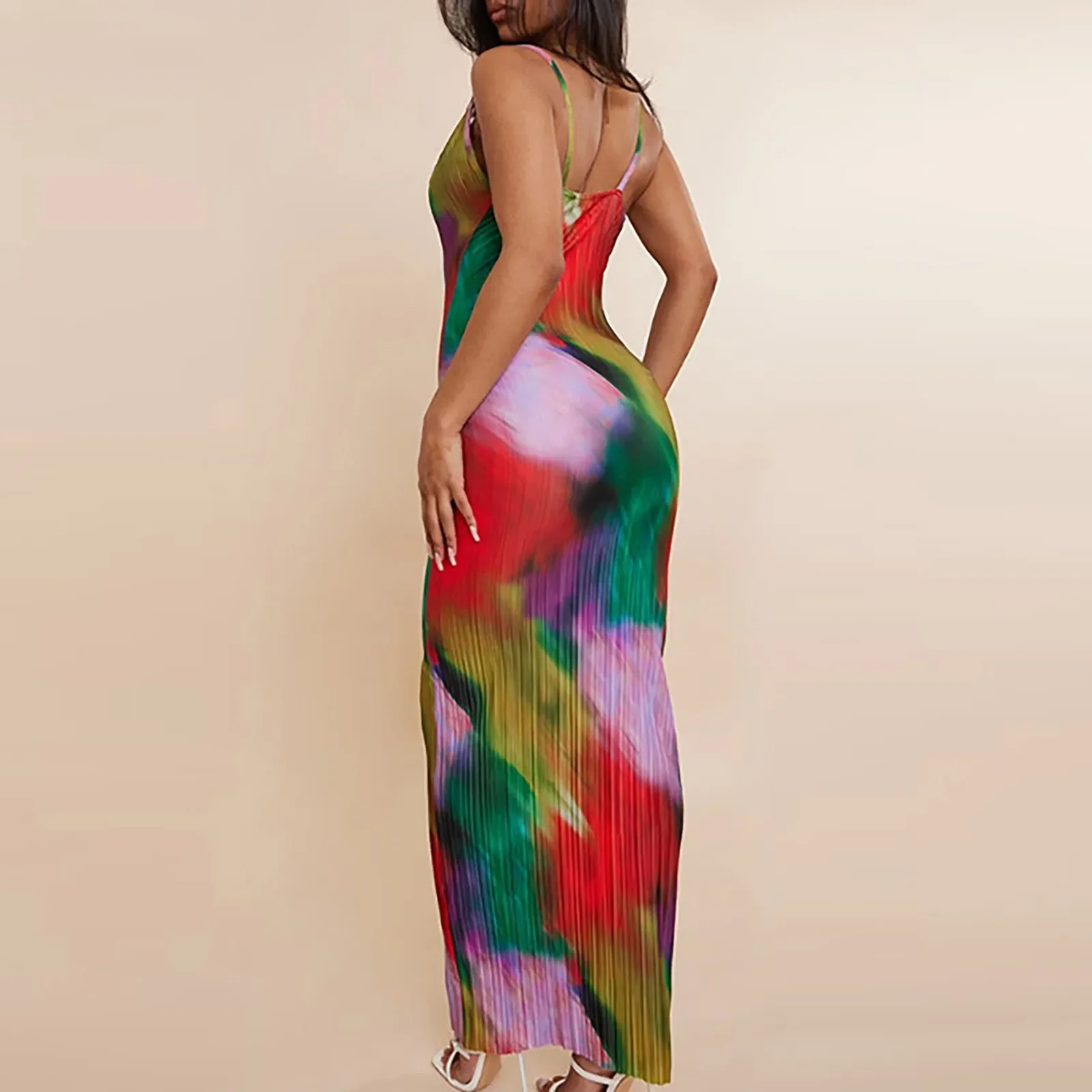 Eleagnt Tie-dyed Printed Pleated Maxi Camisole Dresses For Women 2023 Summer Sling Printting Backless Dress Lady Outwear Vestido