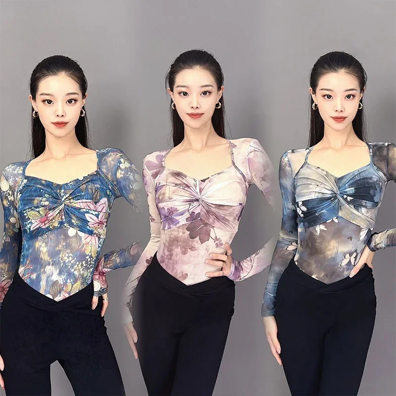 

Flower Print Latn Dance Tops Long Sleeves Bodysuit Women Ballroom Dance Clothes Rumba Samba Salsa Dance Practice Tops DNV21462