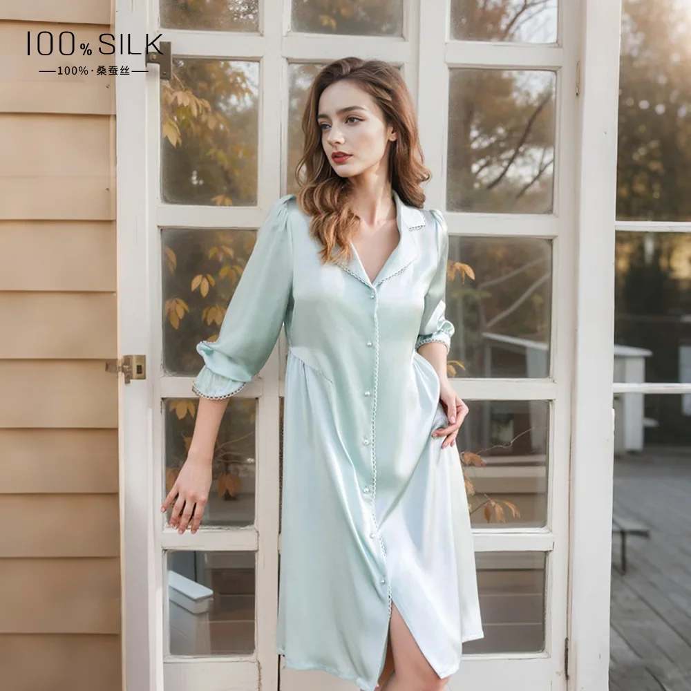 

19MM 100% Mulberry Silk Pink Chemise Nightgown Women's Midi Dress Long Sleeve Nightshirt Button Down Lapel Nightdress Homewear