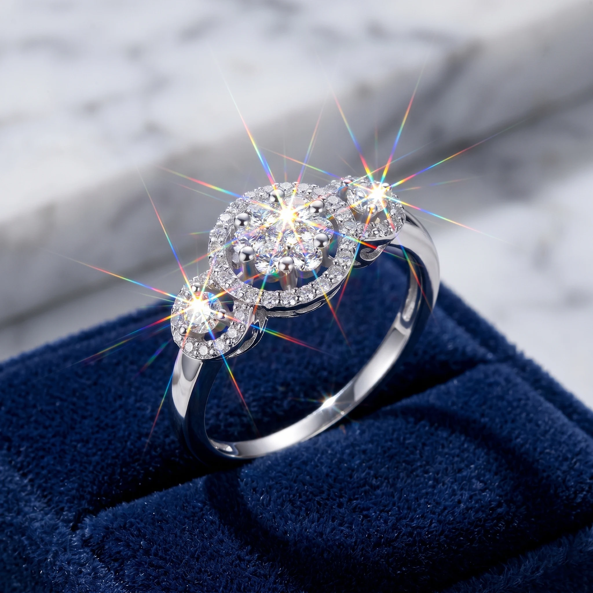 Dreisteiniger Halo Moissanit-Ring, 925 Sterling Silber, 3EX Schliff, Cluster-Fassung, Unisex Stapelbar, Verlobungsring, Mit Zertifikat