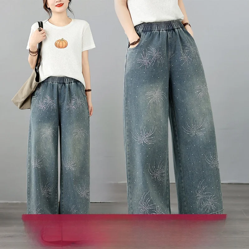 

plus Size Straight Leg Jeans Slimming Casual High Waist Thin Denim Elastic Loose Fit Diamond Embellished Blue Cotton Polyester