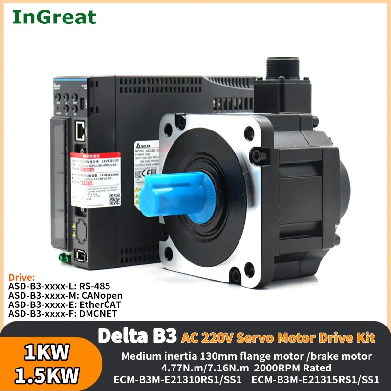 

1KW/1.5KW AC Servo Motor Drive Kit Delta B3 Brake ECM-B3M-E21310RS1/E21315RS1/ASD-B3-1021-L/ASD-B3-1521 CANopen EtherCAT DMCNET